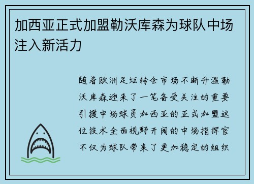 加西亚正式加盟勒沃库森为球队中场注入新活力